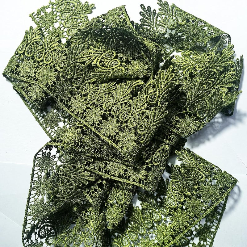 DKKUAYANGUP (Olive Green Floral Lace Trim - 5 Yards, 9cm Wide | Wedding Dress Embellishment, Gift Packaging, Party Decor | DIY Sewing & Craft Supplies - Image 2